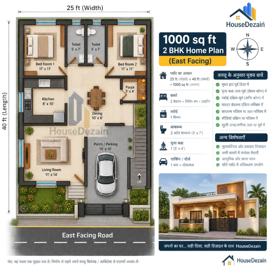 1000 Sq Ft 2 BHK House Plan East Facing